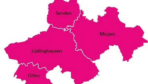 Landkarte auf der Lüdinghausen, Ascheberg, Olfen und Senden zusehen sind.
